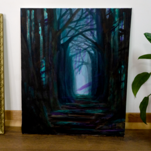 "Toile abstraite "Forever Wicked" de 20" x 24" - Forêt mystérieuse aux tons froids, acrylique sur toile."