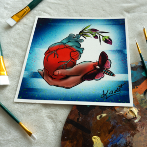 Vue d'ensemble de "Cœur sur la Main Fleurie" : cœur stylisé se transformant en fleurs sur une main, fond glitch moderne.